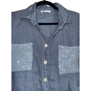 Made In Italy Sz L/XL Linen Button Up Top Sequin Pocket Roll Tab Sleeve Shirt‎